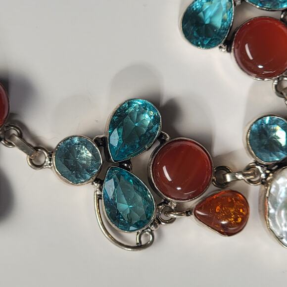 Sterling Silver Gemstone Necklace With Blue Topaz, Carnelian, Amber, And Pearls - Picture 8 of 10